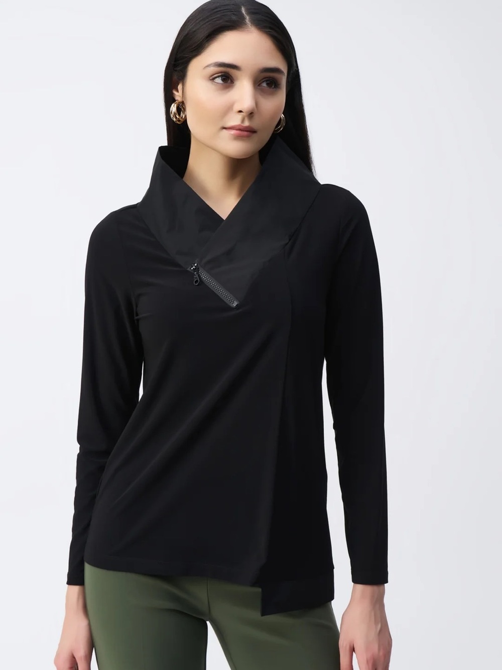 Joseph Ribkoff Black Asymmetric Zip-Collar Long Sleeve Top